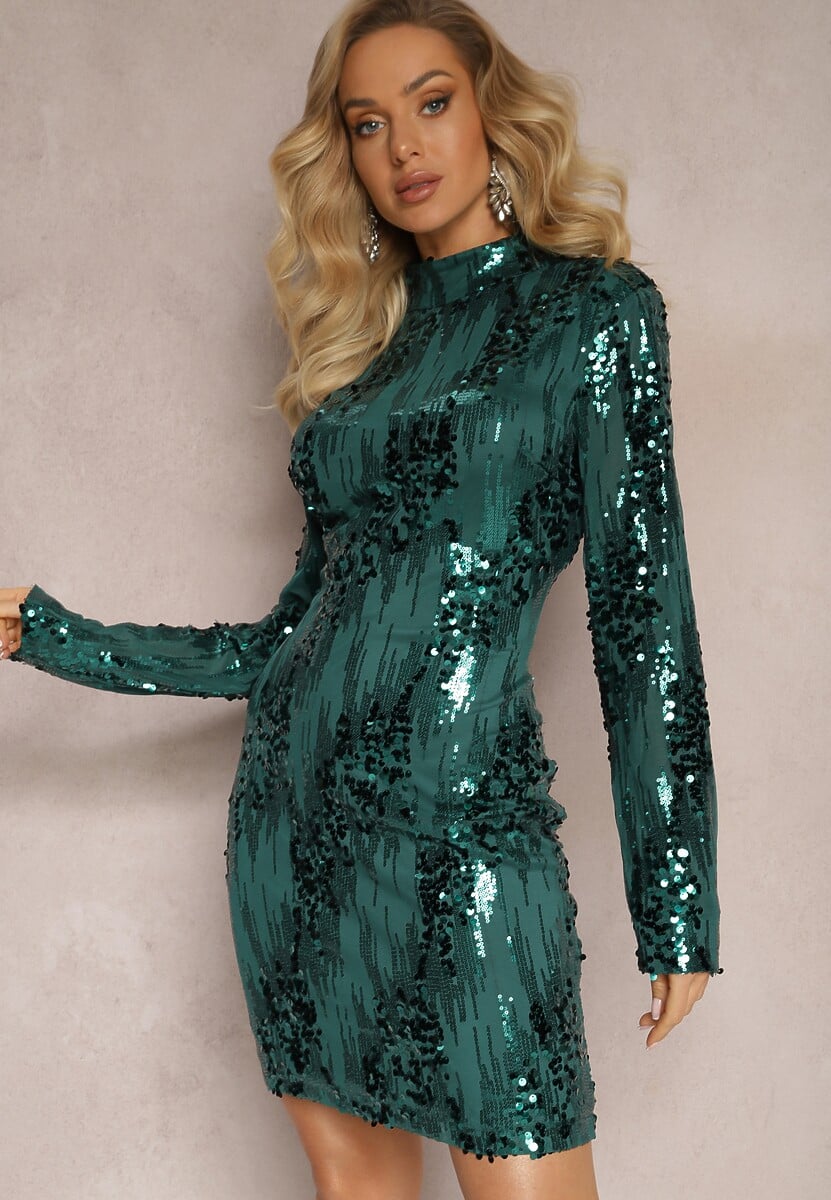 Czarna Dopasowana Sukienka Mini z Półgolfem w Cekiny Palmanova