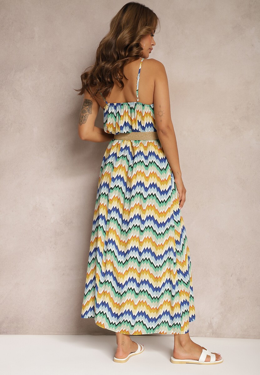 Niebiesko-Żółta Wiskozowa Sukienka z Regulowanymi Ramiączkami i Paskiem w Talii Vikitha