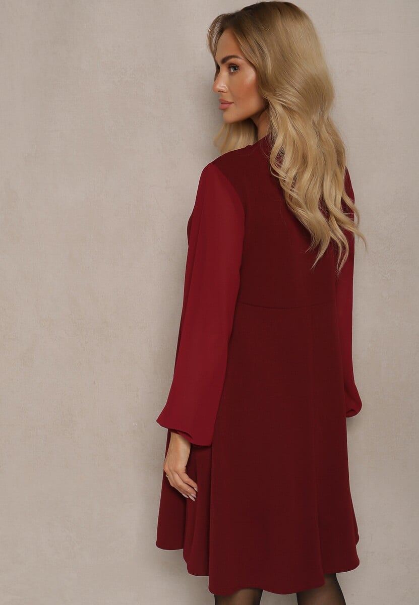 Bordowa Rozkloszowana Sukienka z Bufiastymi Rękawami z Siateczki Edanithe