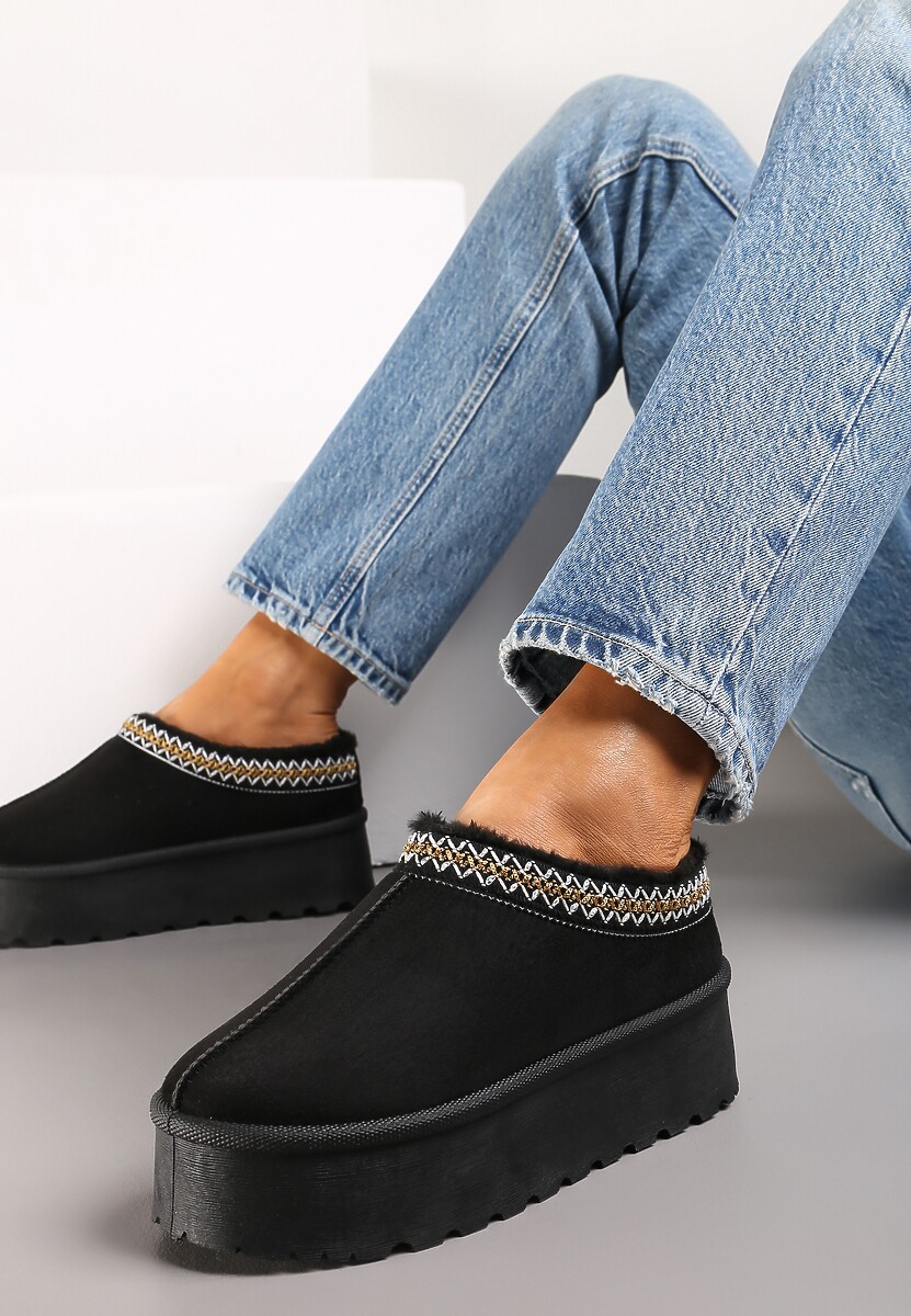 Czarne Śniegowce z Ekozamszu na Grubej Podeszwie z Ozdobną Lamówką Meliria