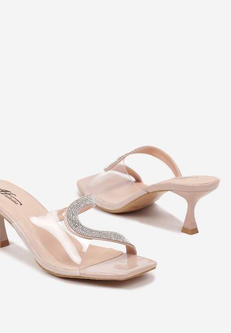 Beżowe Przezroczyste Klapki na Szpilce Kaczuszce Ozdobione Cyrkoniami Faneoria