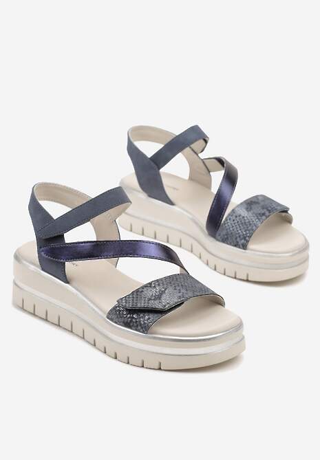 Granatowe Sandały na Platformie z Ozdobnymi Paskami na Rzep Solitte