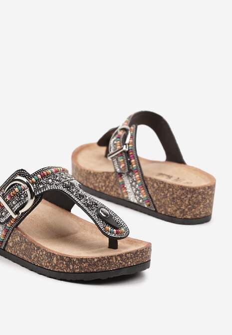 Czarne Japonki Klapki na Grubej Podeszwie i Koturnie Zdobione Cyrkoniami Tinoraema