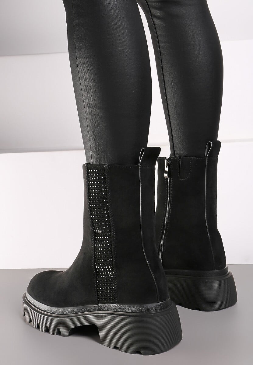 Czarne Botki w Stylu Sztybletów na Platformie z Cyrkoniami Rexindra