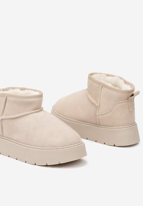 Beżowe Niskie Śniegowce ze Skóry Naturalnej Mocno Ocieplane Rialithe