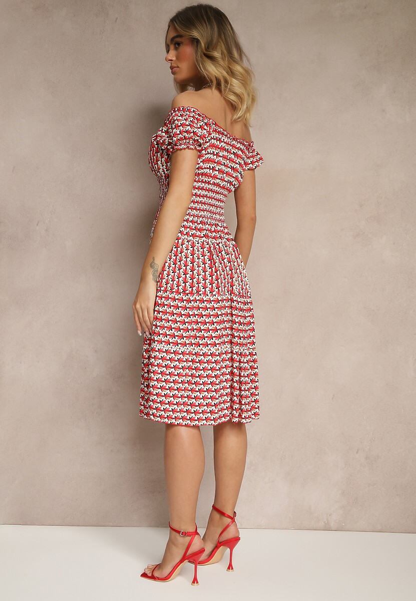 Czerwona Bawełniana Sukienka z Bufiastymi Rękawami i Guzikami Ronimera