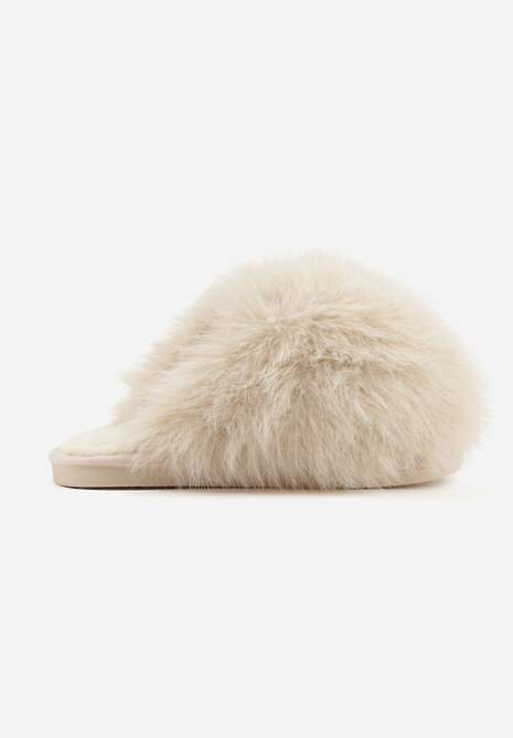 Beżowe Miękkie Kapcie Ozdobione Długim Włosiem Cendria