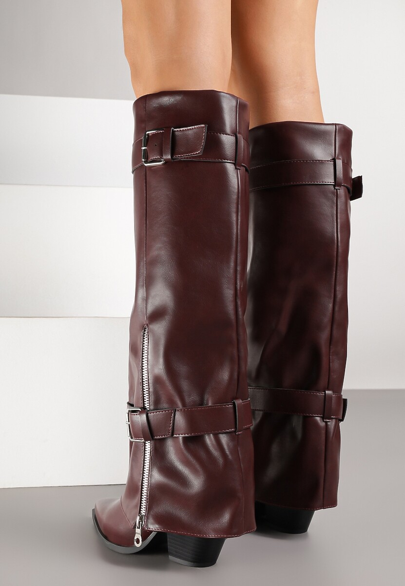 Bordowe Kozaki na Stożku z Cholewką Imitującą Nogawkę z Klamrami i Suwakiem Erseria