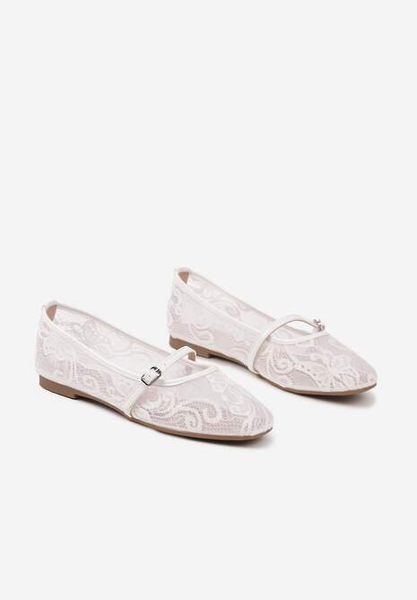 Białe Koronkowe Balerinki z Paskiem na Sprzączkę Lanaria