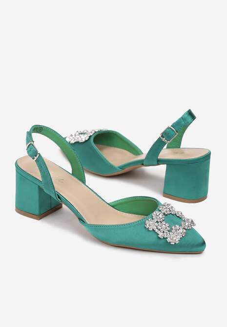 Zielone Satynowe Sandały na Słupku z Elegancką Klamerką i Szpiczastym Noskiem Nanasia