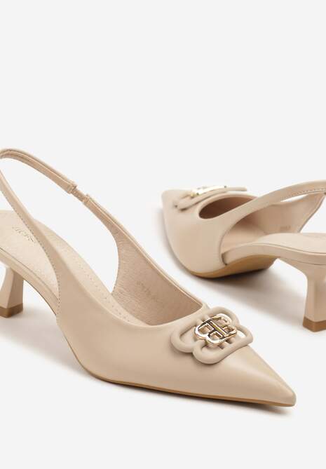 Ciemnobeżowe Czółenka Sandały Vices na Kaczuszce Typu Slingback Ozdobione Metaliczną Aplikacją Lilarunea