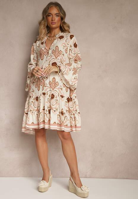 Jasnobeżowa Rozkloszowana Sukienka z Wiskozy Zdobiona Etnicznym Printem Pasiretia