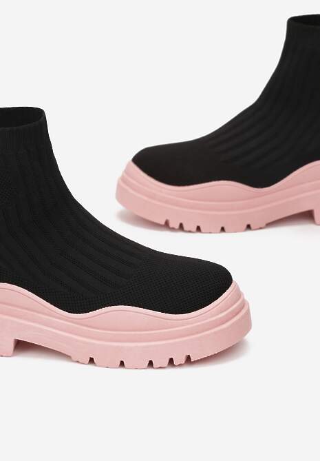 Czarno-Różowe Botki z Elastyczną Cholewką Ganeon