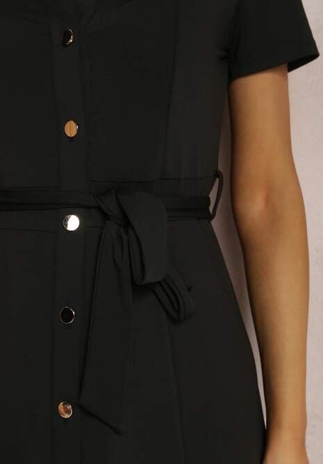 Czarna Sukienka Koszulowa z Wiązanym Paskiem Asheila