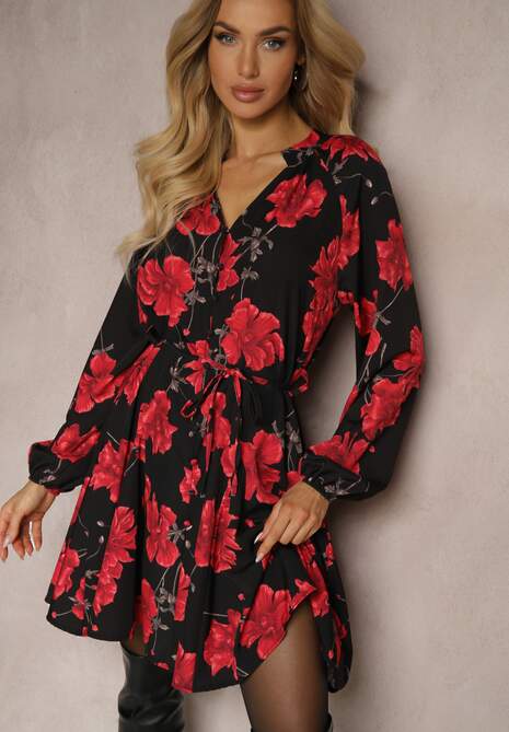 Czarno-Czerwona Sukienka w Kwiatowy Print o Rozkloszowanym Kroju z Wiązaniem w Talii Ameriana