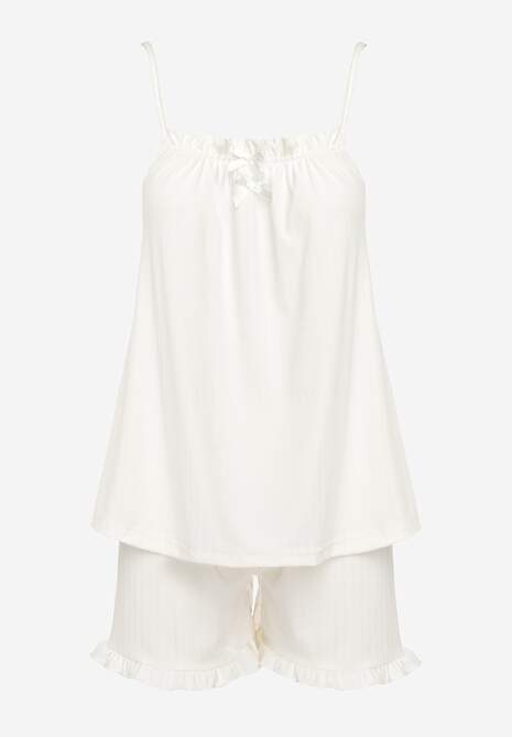 Jasnobeżowy Komplet Piżamowy z Szortami i Bluzką na Ramiączkach Zdobiony Falbanką Xilvana