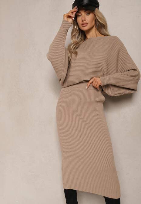 Ciemnobeżowy Komplet z Wiskozą w Prążki Spódnica z Gumką w Pasie i Góra o Kroju Nietoperza Korttisa