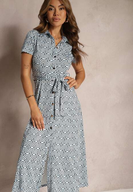 Niebiesko-Biała Koszulowa Sukienka w Geometryczny Wzór Zapinana na Guziki Xarrah