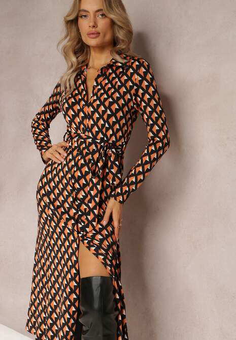 Pomarańczowo-Czarna Sukienka Koszulowa Rozkloszowana Burrus