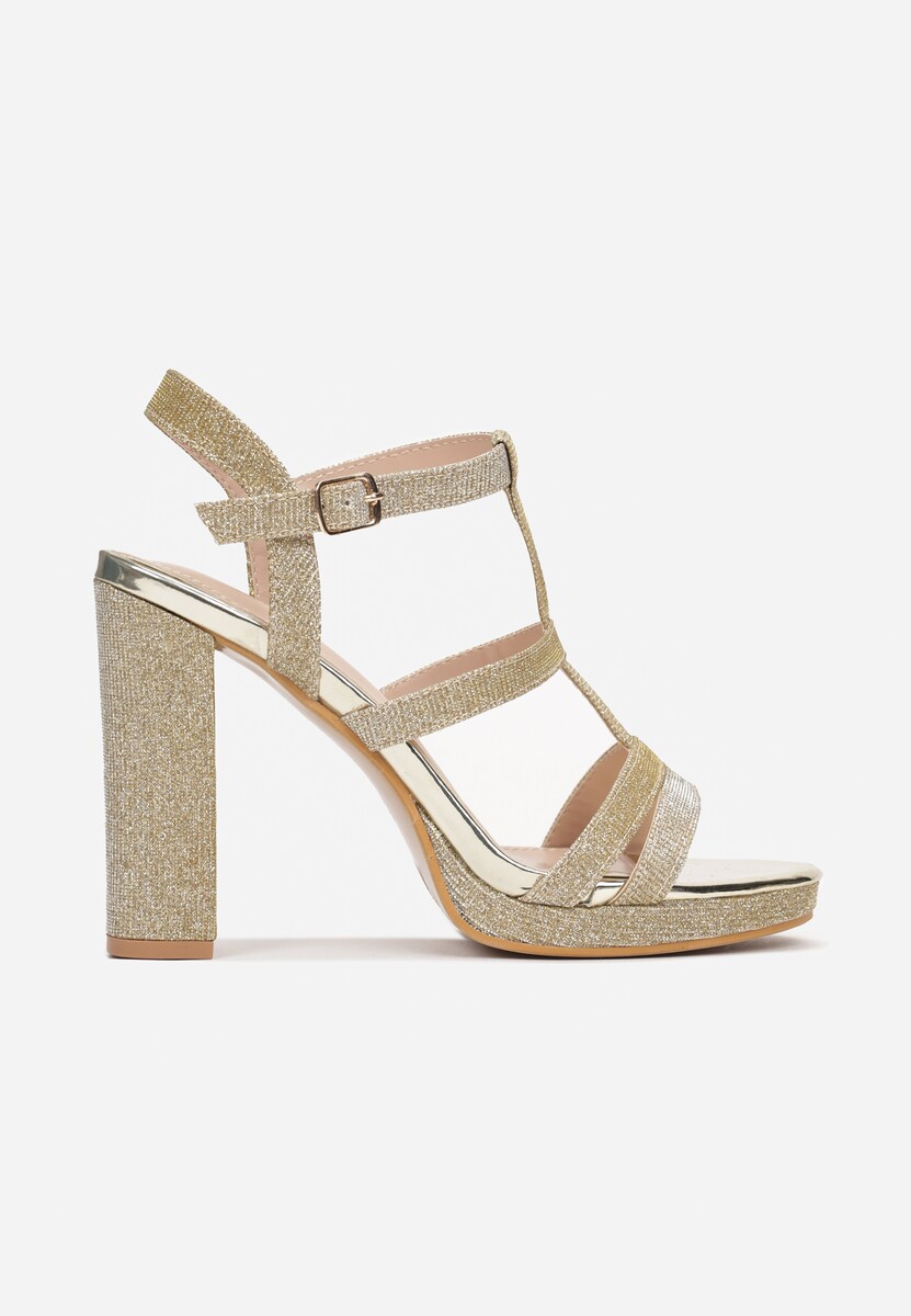 Złote Sandały z Cienkimi Brokatowymi Paskami na Słupku Trephone