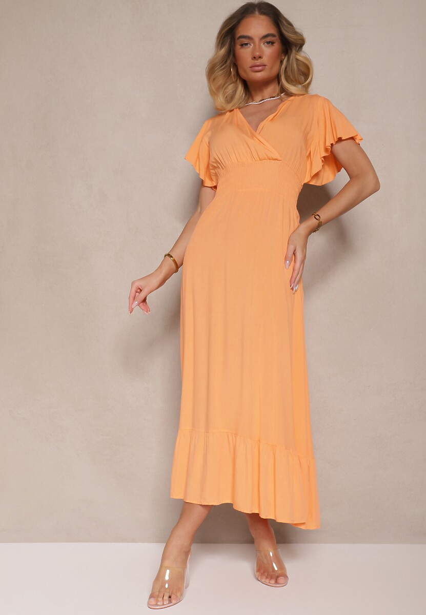 Pomarańczowa Rozkloszowana Sukienka z Wiskozy z Kopertowym Dekoltem Rellrive