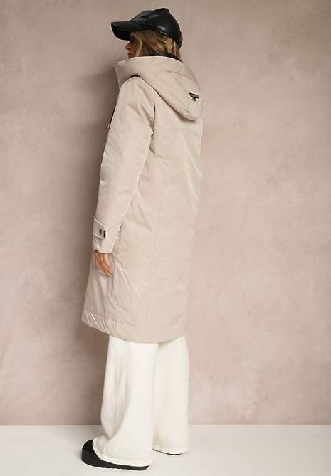Beżowa Kurtka Parka o Pudełkowym Kroju z Kapturem i Kieszeniami Kaionna