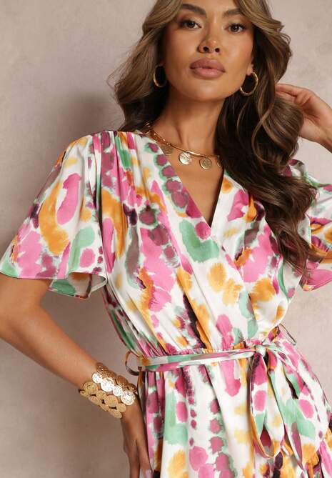 Różowa Kopertowa Sukienka z Falbanami i Wiązanym Paskiem Arvey