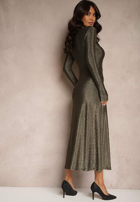 Złota Elegancka Sukienka z Wiskozą i Brokatem Werista