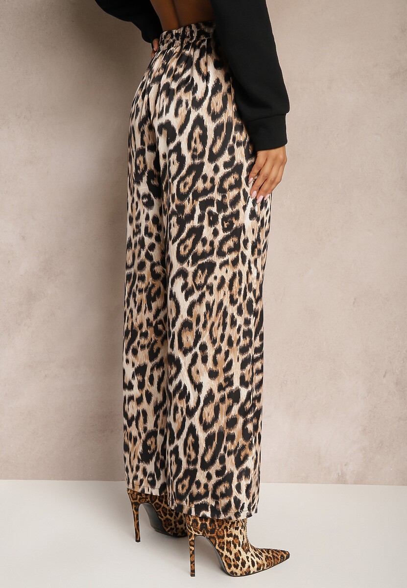 Brązowe Spodnie Typu Palazzo z Jedwabiem z Gumką w Talii o Zwierzęcym Wzorze Elanea