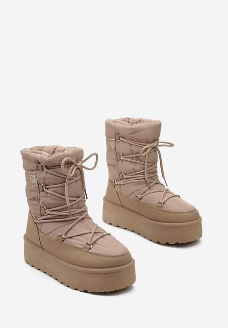 Ciemnobeżowe Śniegowce na Platformie z Ozdobnym Wiązaniem Zingie