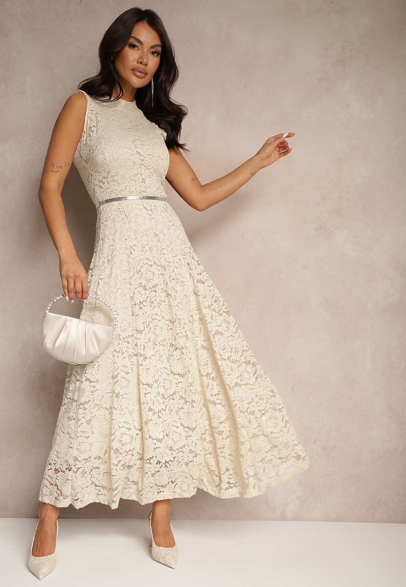 Beżowa Koronkowa Sukienka Taliowana Wilreti