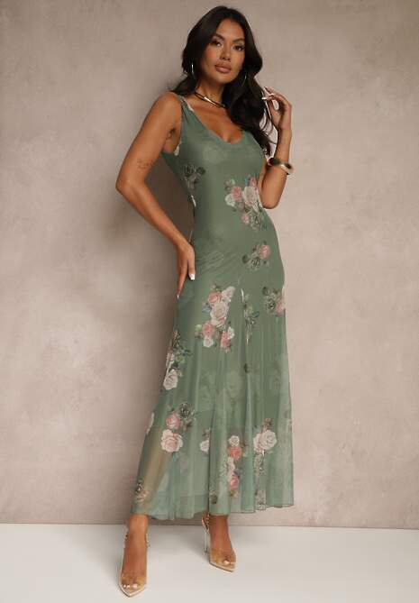 Ciemnozielona Sukienka Siateczkowa w Kwiaty Milosea