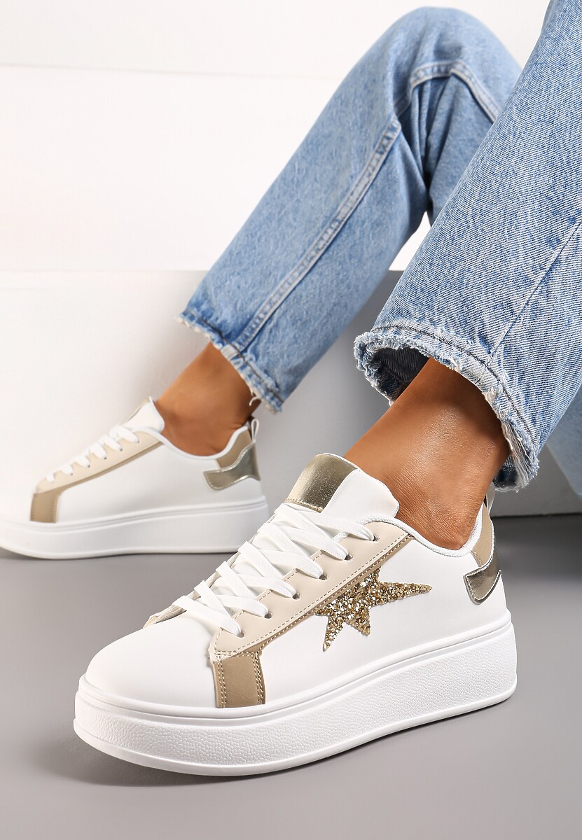 Biało-Beżowe Sneakersy na Platformie Ozdobione Gwiazdką z Brokatem Nislemia
