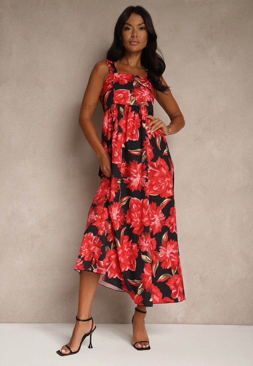 Czerwona Sukienka z Wiskozą o Rozkloszowanym Kroju z Kwiatami Nilestra