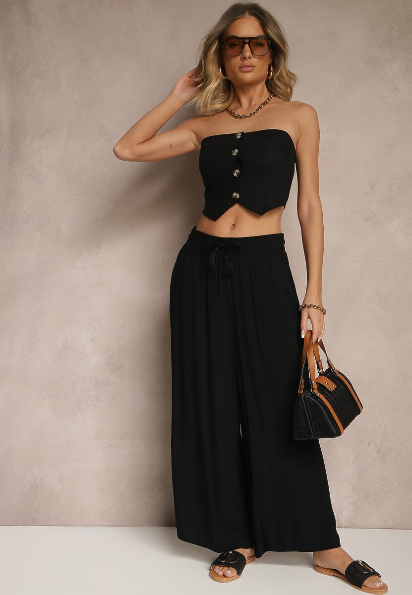 Czarne Szerokie Spodnie z Wiskozy ze Sznurkiem Natisetia