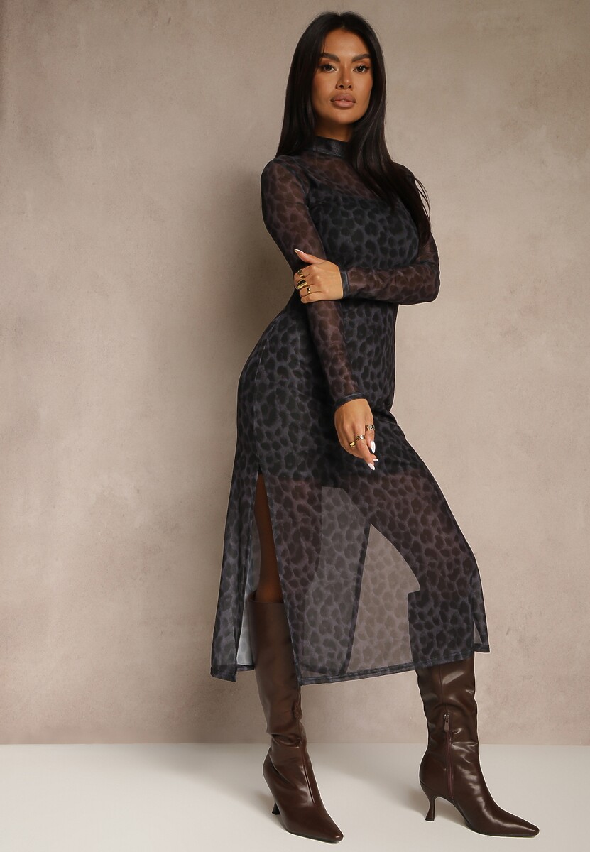 Czarna Panterkowa Sukienka Siateczkowa z Wiskozą o Dopasowanym Kroju Nalandra