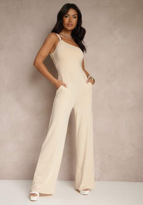 Jasnobeżowy Kombinezon Asymetryczny na Jedno Ramię z Długimi Nogawkami i Kieszeniami Efridelle