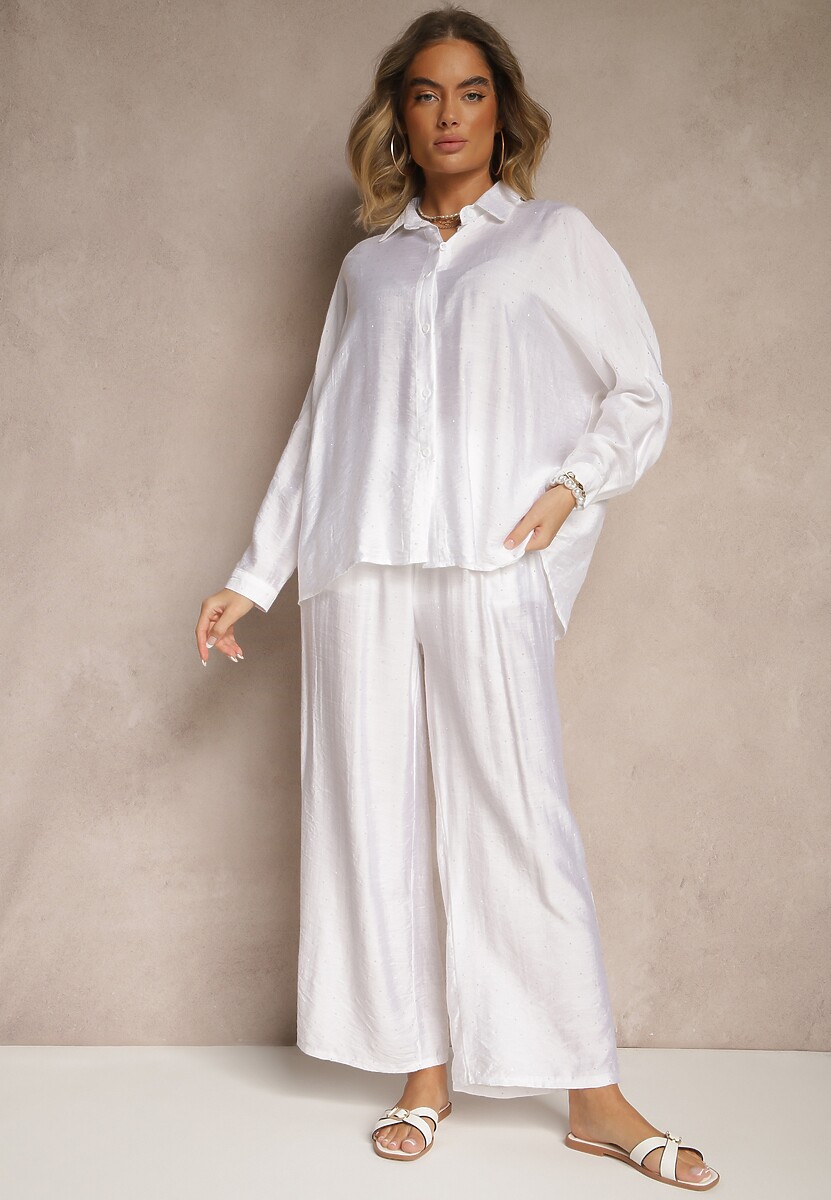 Biały Komplet Oversize z Koszulą i Spodniami Ulonelia
