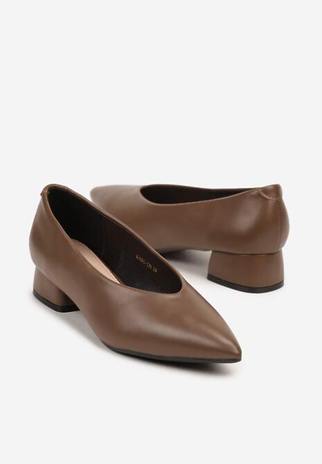 Ciemnobeżowe Czółenka na Słupku Vices ze Skórzaną Wkładką Alinire