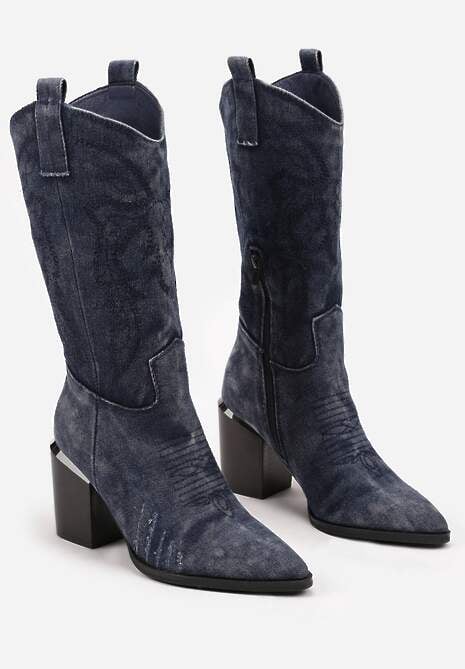 Granatowe Botki na Słupku w Stylu Kowbojek Ozdobione Haftem Laorina