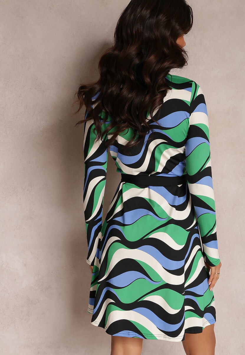 Zielona Sukienka Wzorzysta i Kopertowa z Wiązanym Paskiem Athora