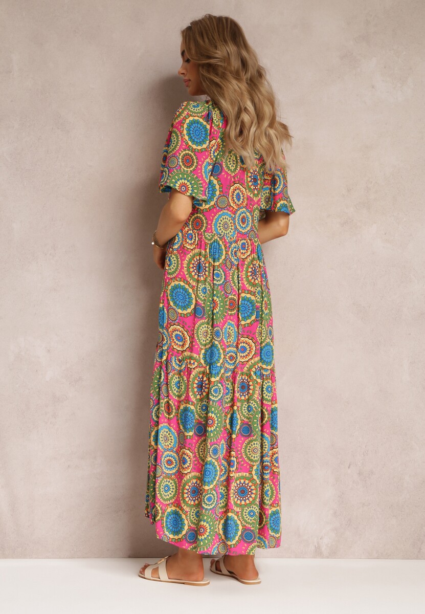 Fuksjowo-Zielona Wiskozowa Sukienka Maxi w Kwiaty z Rozkloszowanym Dołem i Falbanką Pathna