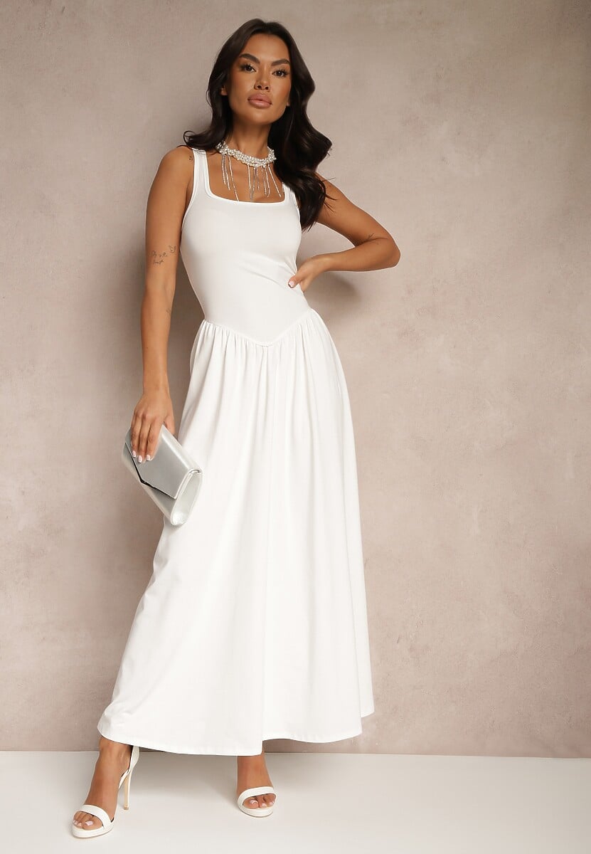 Biała Rozkloszowana Sukienka z Wiskozą i Kwadratowym Dekoltem Ravvia