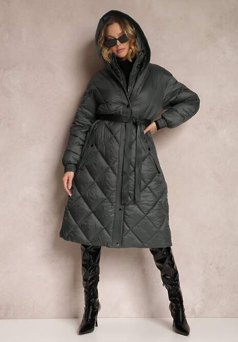 Ciemnozielona Kurtka za Kolano Pikowana z Wiązanym Paskiem Cealia
