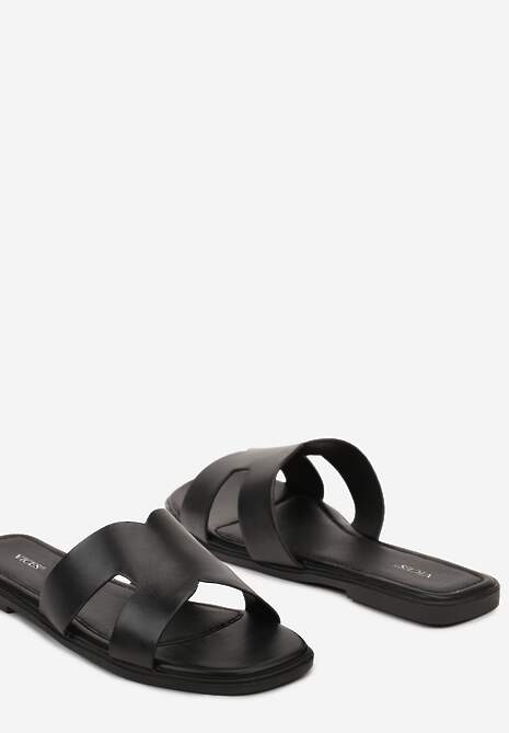 Czarne Klapki na Płaskiej Podeszwie Ozdobione Metalicznymi Paskami i Kwadratowym Noskiem Sonivia