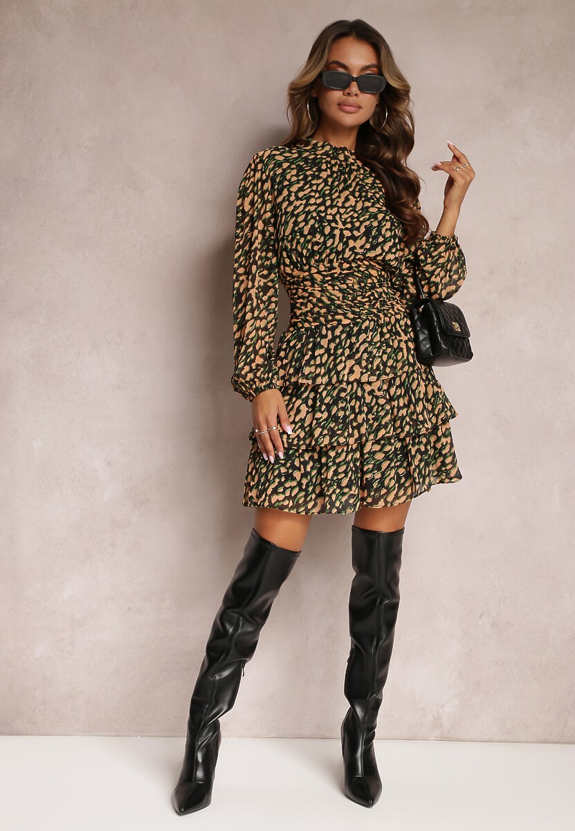 Beżowo-Zielona Mini Sukienka o Rozkloszowanym Fasonie Ozdobiona Brokatem Giannes