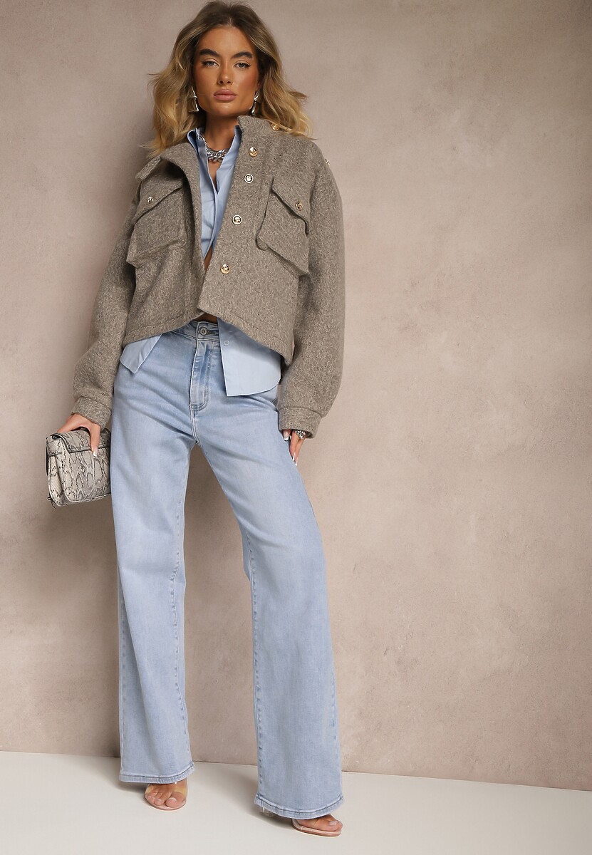 Brązowa Kurtka Utility z Kieszeniami z Klapami i Bufiastymi Rękawami Niraleen