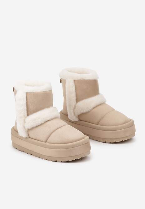 Beżowe Ekozamszowe Śniegowce na Platformie z Futrzanymi Wstawkami Mazini