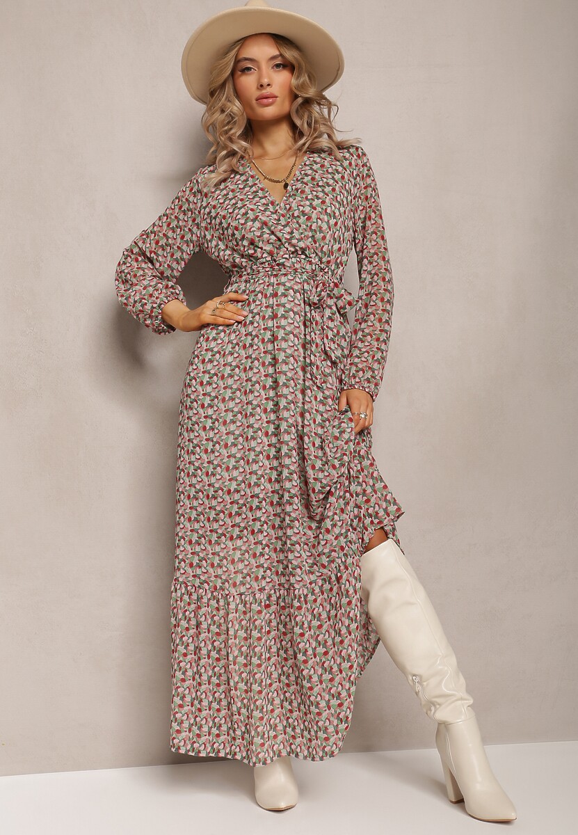 Zielono-Czerwona Sukienka Kopertowa z Falbanką i Wiązanym Paskiem Gjerana