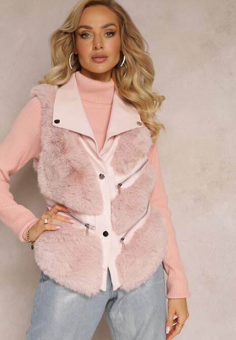 Różowa Kamizelka z Futerka Ozdobiona Wstawkami z Imitacji Skóry Cresstte